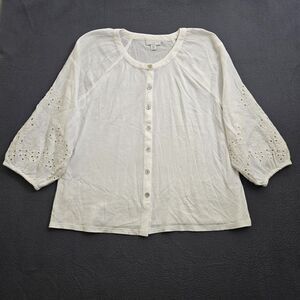 J. Jill Women XS White Button Front 3/4 Eyelet Lace Sleeve Peasant Top